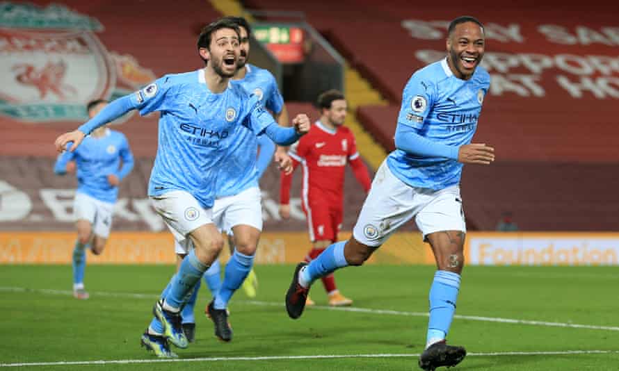 Raheem Sterling (right) and Bernardo Silva during Manchester City’s 4-1 win against Liverpool at Anfield in February.