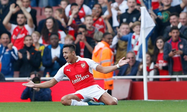 Alexis Sánchez celebrates after scoring Arsenal’s third. The victory sends Arsène Wenger sides second in the Premier League table.