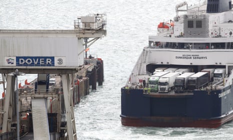 Lorries arrive in Dover, Kent, on board a ferry from France