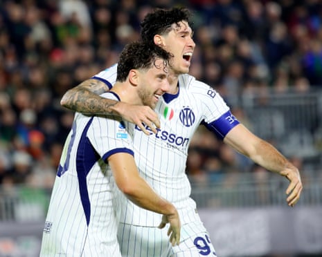 Carlos Augusto and Alessandro Bastoni show their delight after Redouane Halhal’s own goal seals victory late on at Venezia