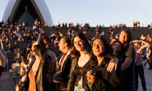 Festival-goers watch performances during Barrabuwari at Sydney Opera House on April 10, 2021 in Sydney, Australia.