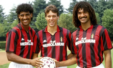 Marco van Basten flanked by his Dutch compatriots Frank Rijkaard and Ruud Gullit at Milan