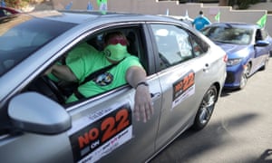 A protest by Uber and Lyft rideshare drivers against California's Proposition 22.
