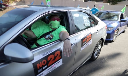 A protest by Uber and Lyft rideshare drivers against California’s Proposition 22.