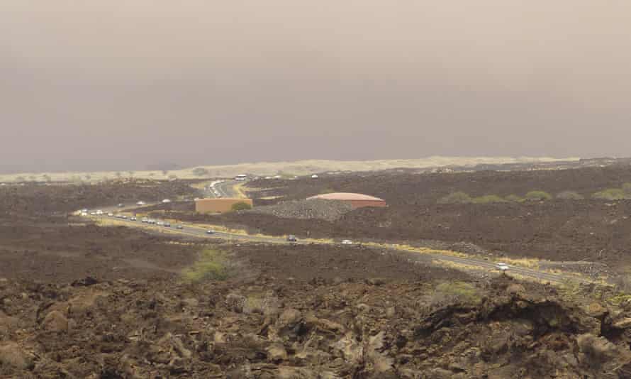Vehicles are backed up on Waikoloa Road after a mandatory evacuation was ordered as a wildfire approached the Waikoloa Village area of Hawaii on Sunday.