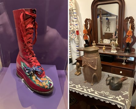 ‘One kick and it could take the house down’ … Kahlo’s customised boot and her ashes in an urn.