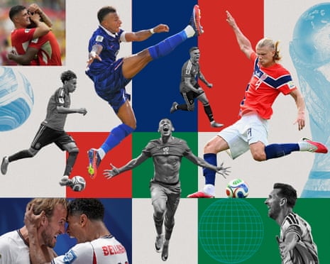 Granit Xhaka and Breel Embolo of Switzerland celebrate, Lamine Yamal of Spain, France's Kylian Mbappe, Leandro Trossard of Belgium, Norway's Erling Braut scores against Brazil, Lionel Messi of Argentina, Morocco's Soufiane Rahimi and Harry Kane and Jude Bellingham of England.