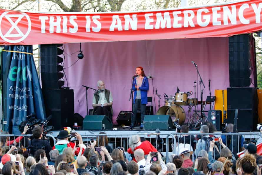 Greta Thunberg on stage at an Extinction Rebellion protest camp in London, April 2019.