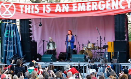 Greta Thunberg speaks at the Extinction Rebellion group’s protest at Marble Arch in London in April.