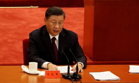 ‘The government is not directing censorship, but has created a culture of fear and tension’: Xi Jinping at a meeting to commend role models in China’s fight against Covid-19 in September.
