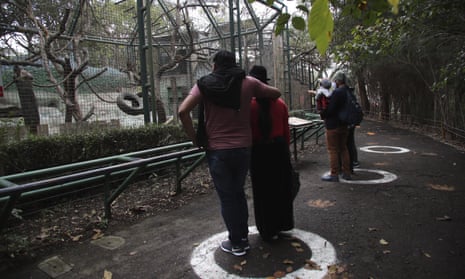 Visitors stand in designated white-circled visual cues to maintain social distancing as a preventive measure against the spread of the new coronavirus, during a visit to the zoo on the outskirts of Quito, in Guayllabamba, Ecuador.