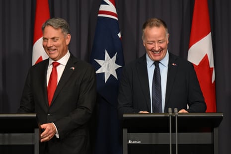 Australian defence minister Richard Marles (L) and Canada’s secretary of state Stephen Fuhr speak to the media after signing a landmark government-to-government agreement on the export of an Australian Over-the-Horizon Radar (OTHR) system at Parliament House in Canberra, 22 June 2026.