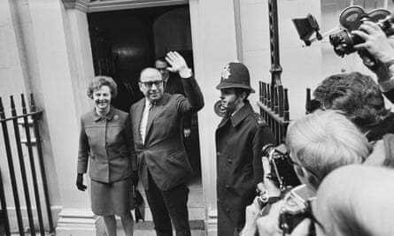 Jennifer Jenkins with her husband Roy Jenkins, then chancellor of the exchequer, leaving 11 Downing Street on budget day, 1970