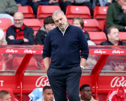 Ange Postecoglou looks dejected as Nottingham Forest lose for an eighth time under the Australian coach
