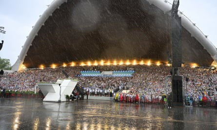 The stage and festival grounds amid the rains.
