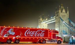 A Coca-Cola Christmas lorry at Tower Bridge, London.