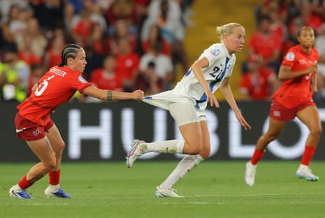 Switzerland's Geraldine Reuteler pulls the shirt of Finland's Eveliina Summanen.