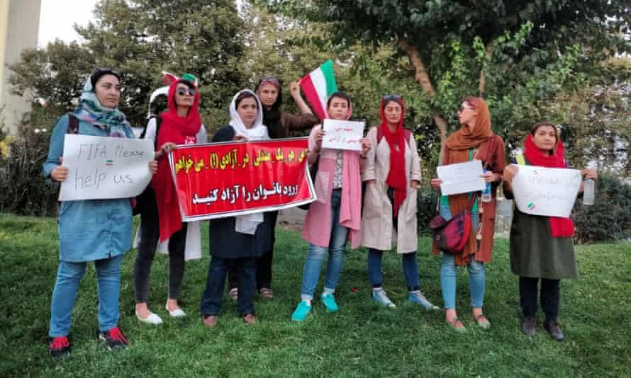Iranian women protesting outside the stadium