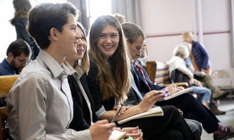 Some of the young plaintiffs in the Clark county courthouse in Helena, Montana, on 19 June. The 16 plaintiffs say they’re being harmed by wildfire smoke, excessive heat and other effects of the heating climate.