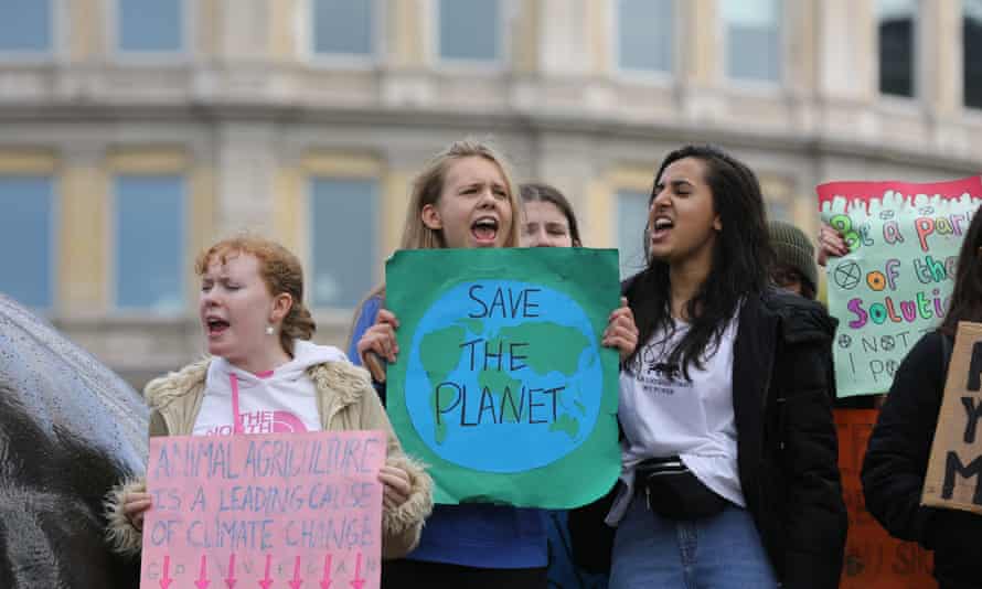 Schoolchildren at a climate rally in Trafalgar Square, London, September 2019.