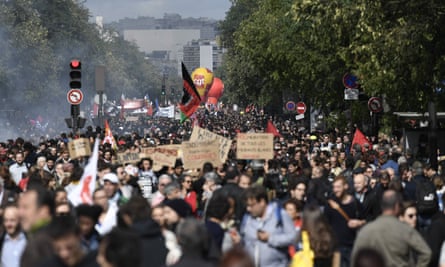 Demonstrators take part in a protest called by several French unions against the labour law reform in Paris.
