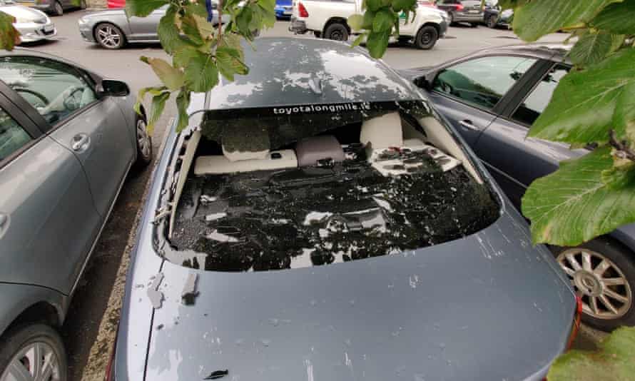 The damage that Kevin O’Brien caused to his own car in Dublin by hitting a huge six during a Twenty20 match on Thursday.
