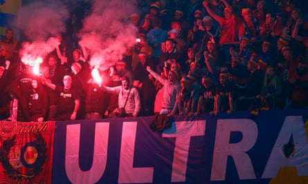 Sparta Prague fans light flares during their Europa League match against Schalke 04 in Germany in October 2015.