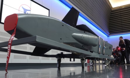 A Taurus KEPD 350 cruise missile in the showroom of defense contractor MBDA.