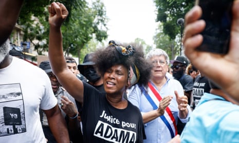 Assa Traore raises her fist during a banned protest against police violence, Saturday, 8 July 2023 in Paris. 