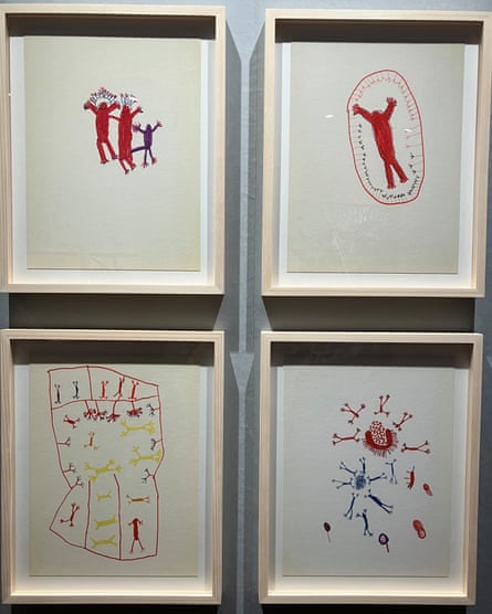 Four paintings, resembling bones and human silouhettes, by the Yanomami people of Brazil