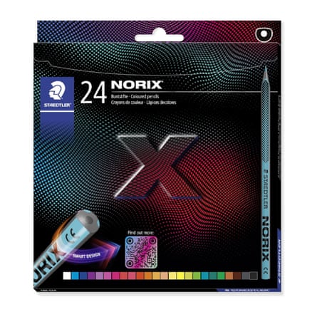 A boxed set of 24 Norix coloured pencils with a light blue pencil displayed beside the package