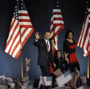 Democratic presidential candidate Barack Obama and his family arrive on stage for his election night victory rally at Grant Park on November 4, 2008 in Chicago, Illinois
