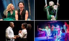 A feast … readers’ favourite stage shows 2019. Clockwise from top left, Present Laughter, Midsummer Night’s Dream, Jerry Springer the Opera and Little baby jesus