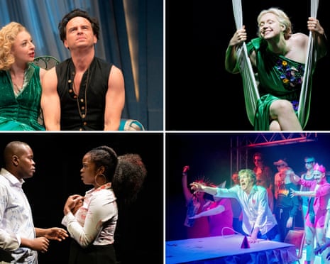 A feast … readers’ favourite stage shows 2019. Clockwise from top left, Present Laughter, Midsummer Night’s Dream, Jerry Springer the Opera and Little baby jesus