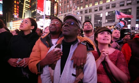 Supporters celebrate after watching the 2008 presidential election results in Times Square.