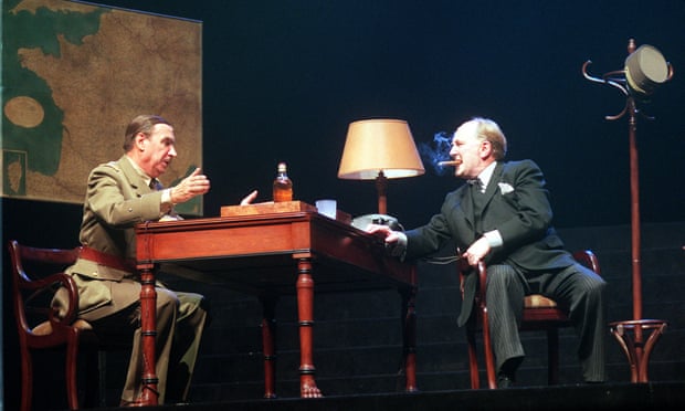 Robert Hardy as Churchill, with Jacques Boudet as General Charles de Gaulle, during a rehearsal for Celui Qui A Dit Non, in Paris, 1999.