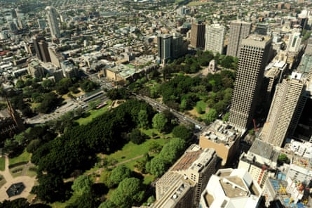 The view across Hyde Park from the Sydney Tower Eye. The Commission into the Future of the Sydney CBD recommends more places for people to sit for free, including seating with tables and sufficient rain and shade cover.