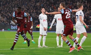 West Ham United v Tottenham Hotspur - Premier League<br>LONDON, ENGLAND - APRIL 2:  Kurt Zouma of West Ham United celebrates scoring a goal to make it 1-1 with Tomas Soucek during the Premier League match between West Ham United and Tottenham Hotspur at London Stadium on April 2, 2024 in London, England.(Photo by Marc Atkins/Getty Images)