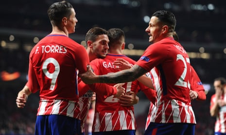 Atlético Madrid celebrate victory over Copenhagen in the round of 32.