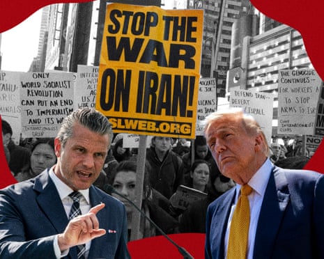 Composite illustration of Pete Hegseth, Donald Trump, and a protest sign that says Stop the War on Iran!