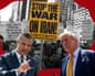 Composite illustration of Pete Hegseth, Donald Trump, and a protest sign that says Stop the War on Iran!