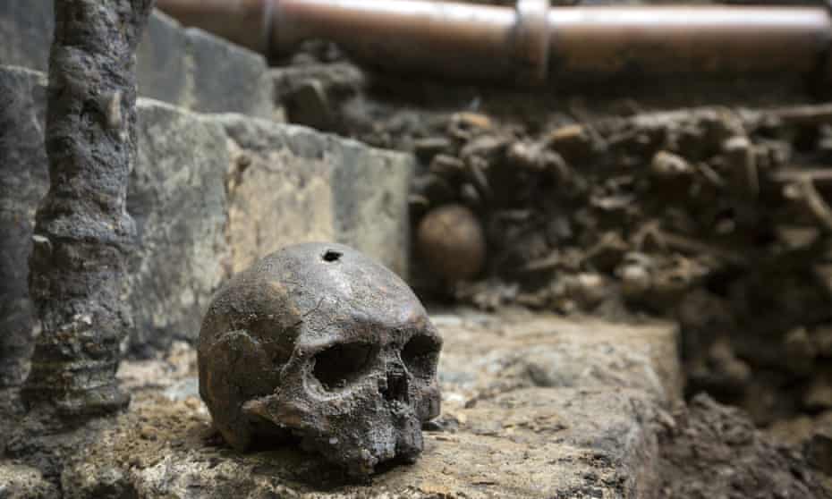 Some of the skulls found among the footings of Westminster Abbey’s south transept have square holes left by the pickaxes of of 13th century workman.