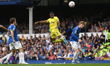 Rico Henry leaps to head Brentford into a 3-2 lead at Everton