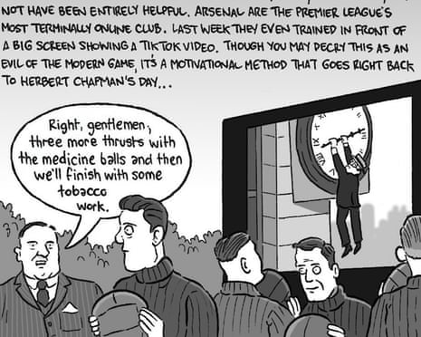 David Squires cartoon panel showing Arsenal players from the past training in front of a screen showing a fan hanging off Arsenal's famous clock
