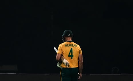 South Africa's captain Aiden Markram leaves the ground after losing his wicket.