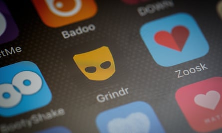 The Grindr app logo amongst other dating apps on a mobile phone screen