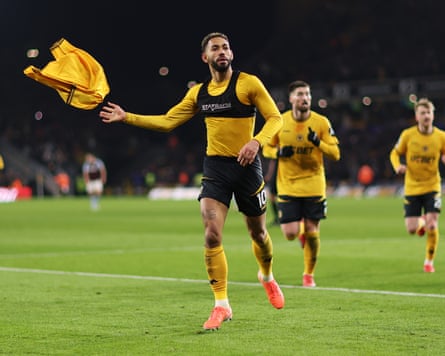 Matheus Cunha after removing his shirt while celebrating a goal for Wolverhampton Wanderers