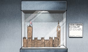 Houses of Parliament in glass case next to Museum of Antiquities sign