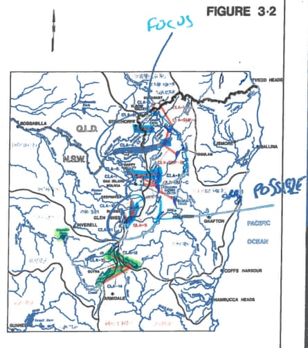 Scanned map of a proposed diversion scheme to turn parts of the Clarence river inland