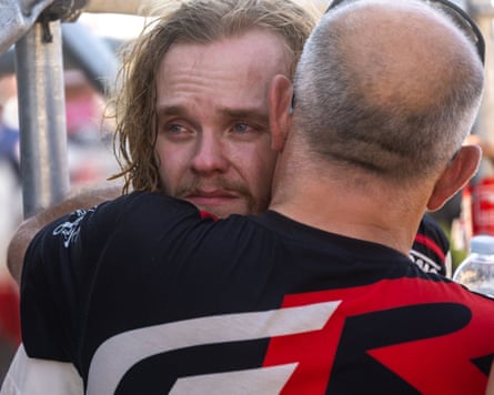 Oliver Solberg is consoled by his co-driver Eliott Edmondson